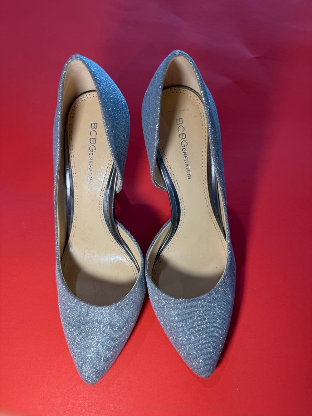 BCBGeneration Silver Glitter Pointed Toe Heels
